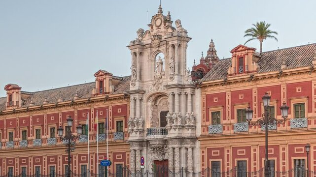 The Palace of San Telmo timelapse hyperlapse in Seville, Spain. Formerly university for navigators, now the seat of the Andalusian Government. Baroque architecture with ornate facade during sunset