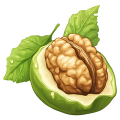 A vector illustration of a freshly ripe walnut fruit , isolated on transparent background, png