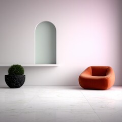 Minimalist Interior Design with Orange Chair and Arch