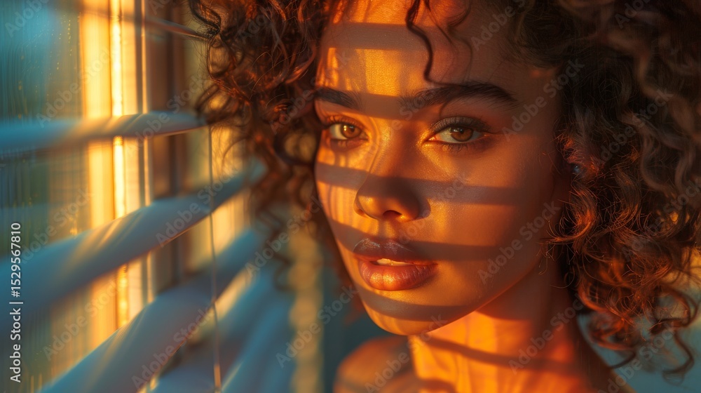 Aufkleber an enchanting portrait of a woman illuminated by warm golden light, filtering through blinds and cas
