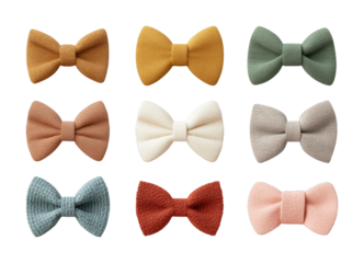 PNG Collection of nine colorful bow ties in assorted textures and styles