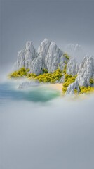 Misty Island Landscape with White Mountains and Yellow Shore