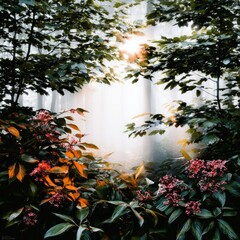 Misty Forest Sunrise: Sunlight Filtering Through Trees