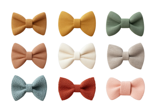 PNG Collection of nine colorful bow ties in assorted textures and styles