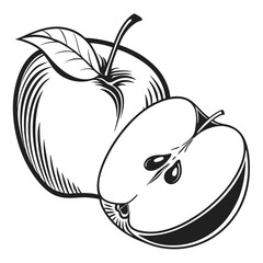 Black and white sketch depicts a whole apple next to a half apple