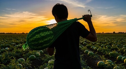 Young man carrying a watermelon in a net bag at sunset over a watermelon field