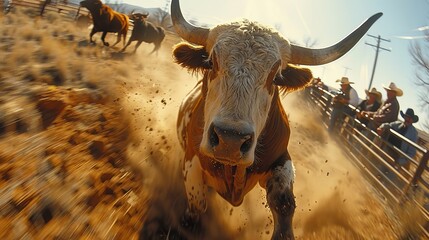 A dynamic action shot of a bull charging through a dusty arena, showcasing the raw power and spirit of the animal, encapsulating the energy of cowboy culture and ranch life.