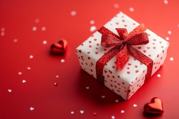 An elegant gift box with a red ribbon rests on a vibrant red background surrounded by heart-shaped confetti and chocolates. With copy space for text.