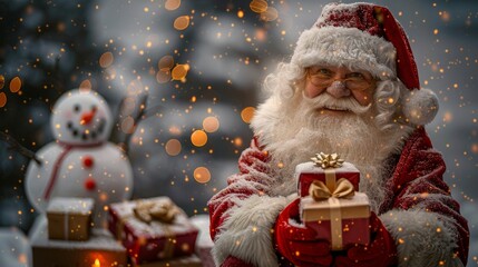 A joyful Santa Claus offers beautifully wrapped gifts, surrounded by a festive atmosphere filled with snowflakes, evoking the spirit of Christmas and holiday cheer.