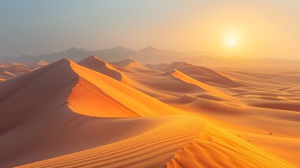 A breathtaking desert landscape showcases golden dunes illuminated by the soft glow of the setting sun, capturing the serene beauty and vastness of nature's tranquility.
