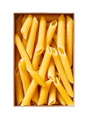 Flat-lay view of raw penne rigate pasta , isolated on transparent background, png