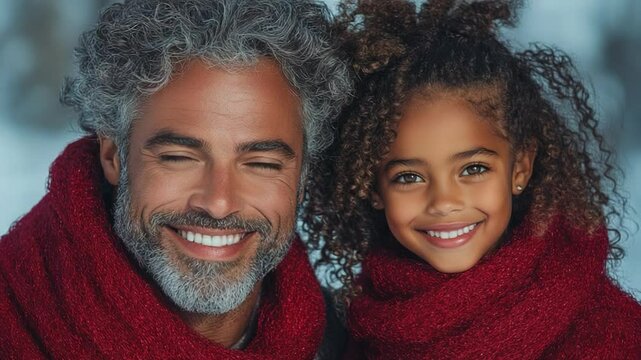A heartwarming portrait of a father and daughter bundled in warm scarves against a snowy backdrop, radiating joy and love.