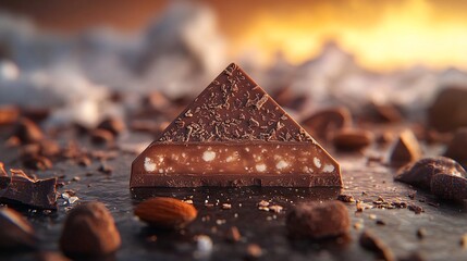 Toblerone bar half unwrapped showing iconic triangular peaks with almond nougat inside set against a cozy background with warm light enhancing the rich chocolate tones