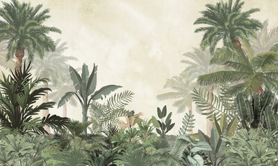 Aged Nature Wall Mural: Faded Brown Palm Trees & Exotic Plants Background © csinie1