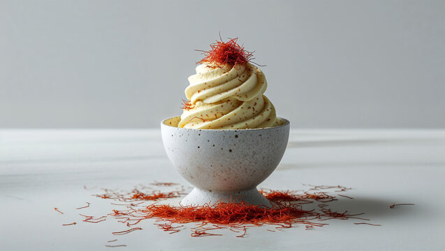 Close up of saffron ice cream in a small speckled bowl on a white surface with saffron threads around it