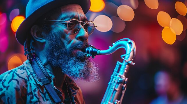A jazz musician passionately plays his saxophone amid vibrant colors and blurred lights, encapsulating the electrifying atmosphere of live music that invites feelings of joy and connection.