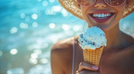 Woman smiling with ice cream cone at the beach during sunny day