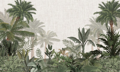 Subtle Nature Wall Mural: Faded Green Exotic Plants Background for Calm Interiors