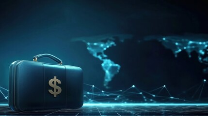 Business briefcase with dollar sign on a digital background representing global finance and investment opportunities