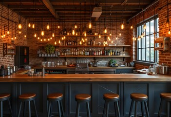 Warm inviting bar with exposed brick and Edison bulbs.