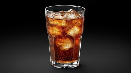 Refreshing drink with ice in a clear glass on a dark background during a hot summer afternoon