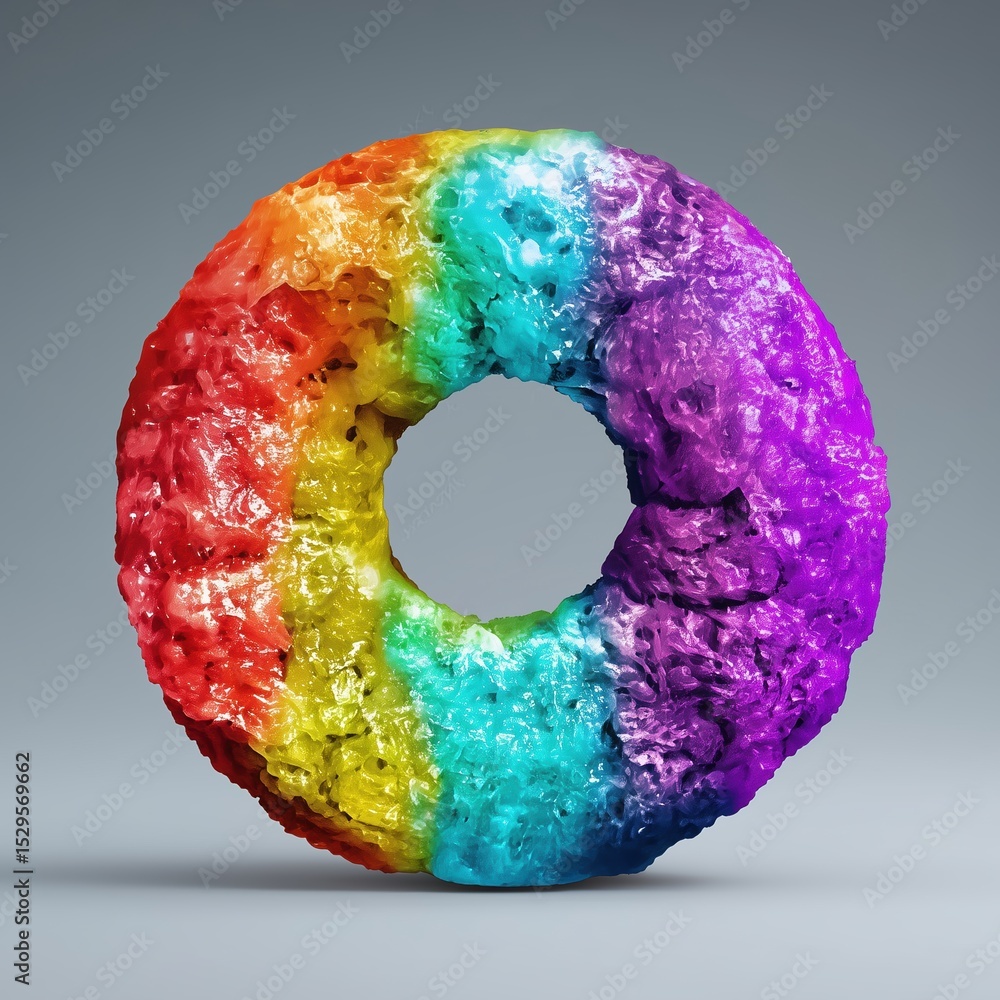 Poster photorealistic rainbow doughnut sculpted from snowy particles on a pristine white background, no sha