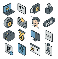 Cybersecurity gear isometric set. secure laptop with lock, RFID blocking card, USB data blocker, digital padlock icon, VPN tunnel icon, firewall wall grid.