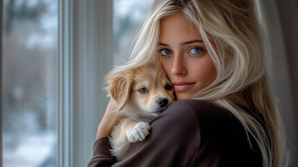 Woman with puppy embraces warmth and joy in cozy indoor setting during winter afternoon