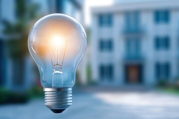 Light bulb shining brightly in an urban setting with blurred buildings in the background during daylight hours