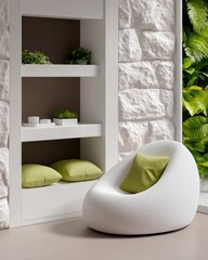 Modern Minimalist Living Room with White Stone Wall
