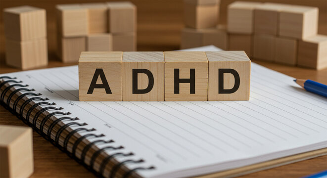 ADHD awareness understanding support wooden blocks notebook pencil background