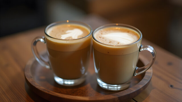 Cozy coffee moment with two creamy lattes in glass mugs, served on rustic wooden tray