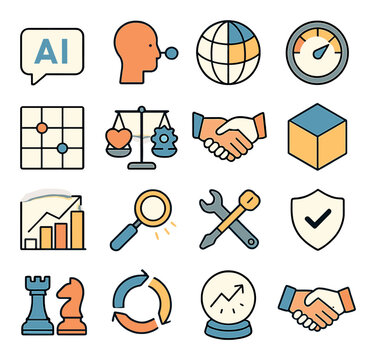 Decision-making synergy isometric set. AI suggestion chip, human review node, consensus algorithm sphere, risk evaluation dial, collaborative decision
