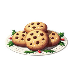 Chocolate chip cookies on a decorative plate with holly leaves  