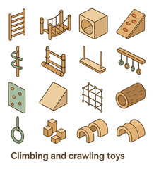 Climbing and crawling toys isometric set. wooden climbing ladder, rope bridge, cube tunnel, ramp with grip, spiral climbing pole, bamboo steps, swing