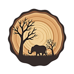 Silhouette of elephant walking among trees on wooden background  