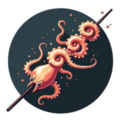 Octopus skewered on a stick with a playful expression and stars  