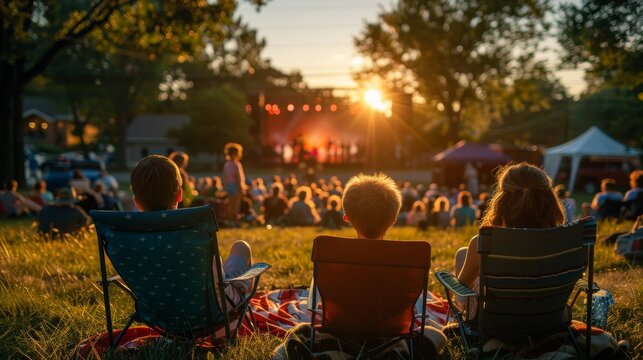 A vibrant outdoor concert captures attendees enjoying live music under a beautiful sunset, creating a warm and inviting atmosphere of community and joy.