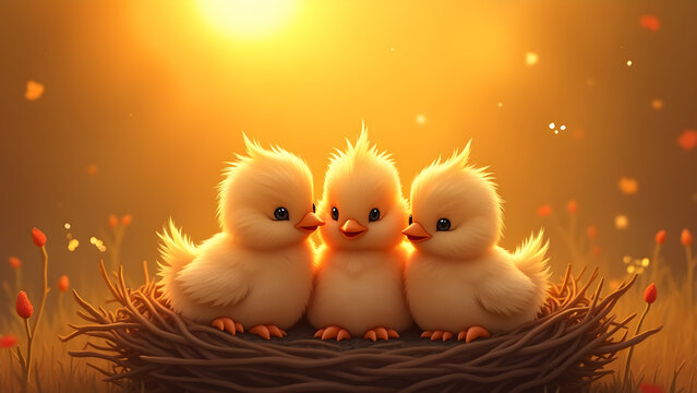 Three cute baby chickens are huddling together in a nest at sunset