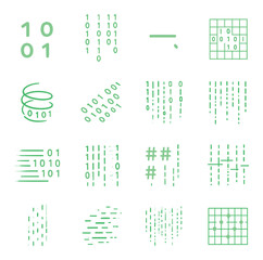 Green code stream symbols isometric set. glowing binary digits, vertical falling characters, blinking green cursor, matrix grid pattern, neon code spiral.