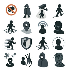 Surveillance evasion figures isometric set. figure with blocked camera icon, cloaked user avoiding detection, silhouette under CCTV beam, encrypted path