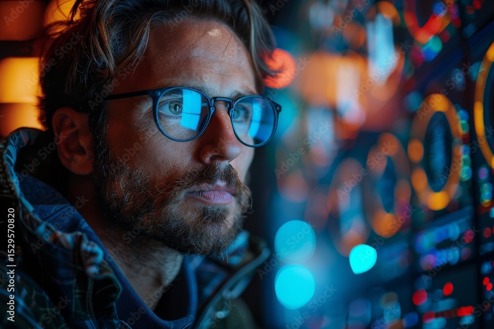 Poster a focused man with glasses analyzes intricate data patterns on a digital screen, highlighting the in