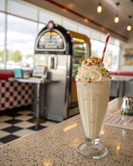 Classic Vanilla Milkshake with Whipped Cream and Colorful Sprinkles in a Retro Diner