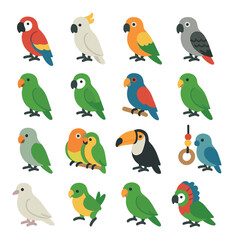 Tropical bird companions isometric set. macaw parrot, cockatoo with crest, sun conure, African grey parrot, ring-neck parakeet, green-cheeked conure.