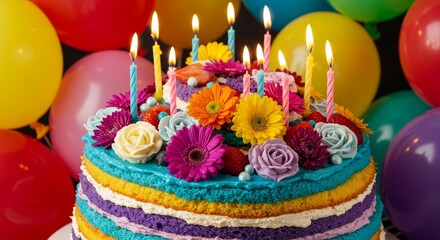 Layered Rainbow Cake with Flowers and Candles - Festive layered cake decorated with colorful flowers, lit candles, and vibrant balloons; symbolizing celebration, joy, sweetness, togetherness