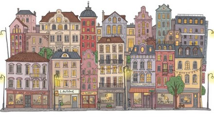 Fototapeta premium Night Cityscape: Illuminated Buildings and Streetlights - Charming cartoon illustration of a night city street scene, featuring illuminated buildings, streetlights