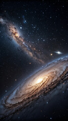 Fototapeta premium Majestic view of two spiral galaxies and a stellar meteorite across the vast cosmos