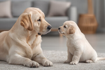 A mother Labrador retriever and her puppy share a tender moment in a modern living room filled with warmth