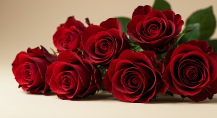 Obraz premium Romantic Red Roses Bouquet - A close-up of a bouquet of deep red roses, showcasing their velvety petals and lush appearance. Perfect for Valentine's Day or any romantic occasion