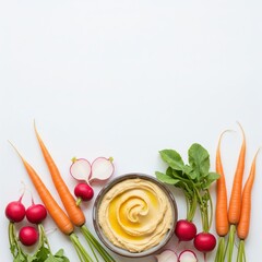 A healthy vegan snack platter with fresh carrots, radishes, and a bowl of creamy hummus, arranged as a border flat lay
